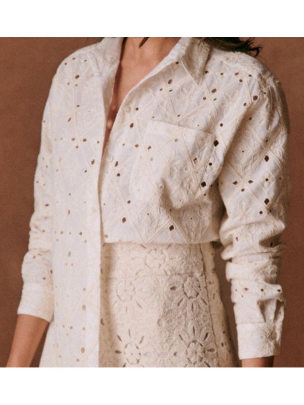 Sezane Eyelet Max Shirt Embroidered Feminine Rare Long Sleeve Cream Ecru Size 34